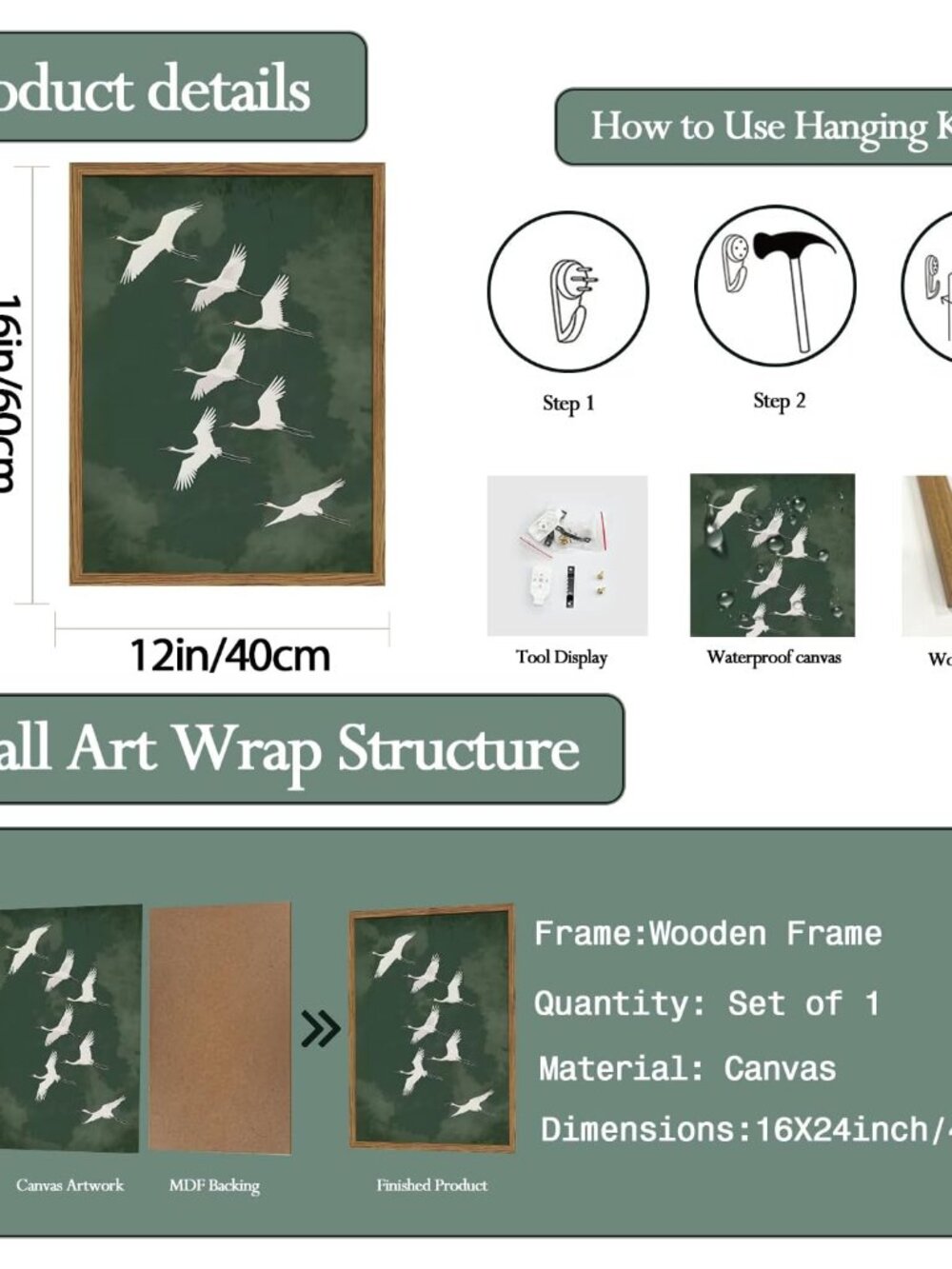 Framed Japanese Flying Cranes Wall Art, Vintage Bird Pictures Wall Decor Paintin - Picture 5 of 9